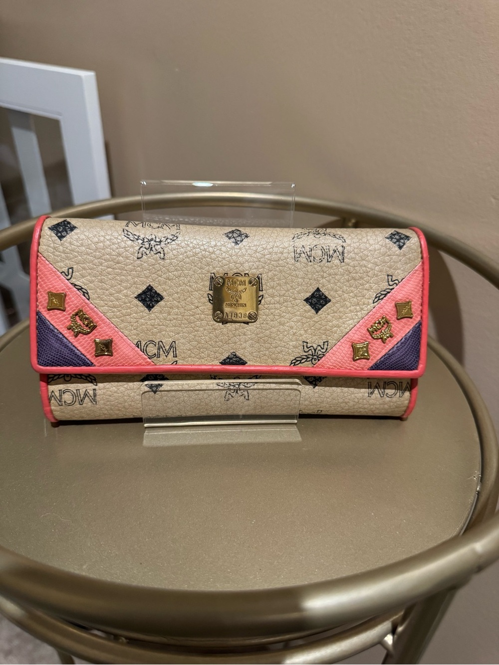 MCM Patricia Trifold Wallet in Visetos Beige with Pink & Purple Trim - Picture 2 of 3